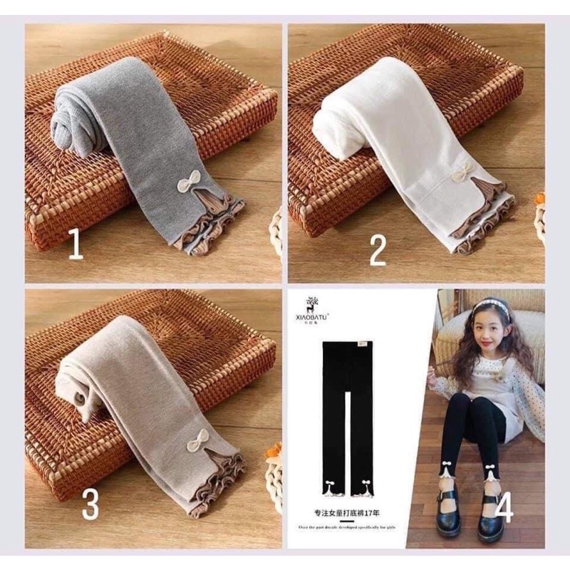 Legging dài đính nơ gấu cho bé gái, cotton nỉ co giãn thoải mái, phối gấu xinh, size to cho bé gái ,có sẵn