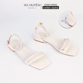 Sandal bệt nữ HÀ HUYỀN da quai ngang đính ngọc gót vuông 1 phân - SD353