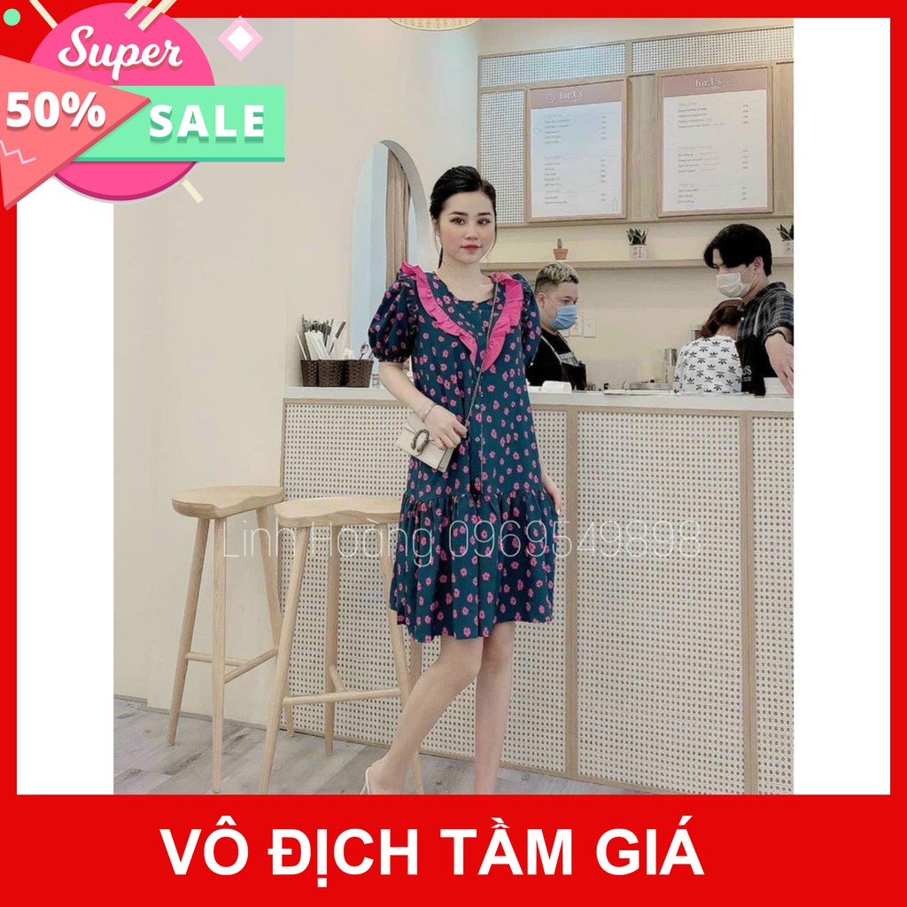 Váy đầm nữ dáng Baby Doll Hoa Xanh Phối Bèo Ngực