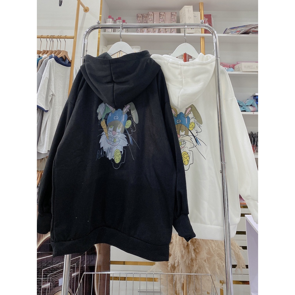 Hoodie Dáng Rộng Mũ To 2 Lớp Tay bồng hình Thỏ In 2 Mặt Nam nữ Unisex Basic