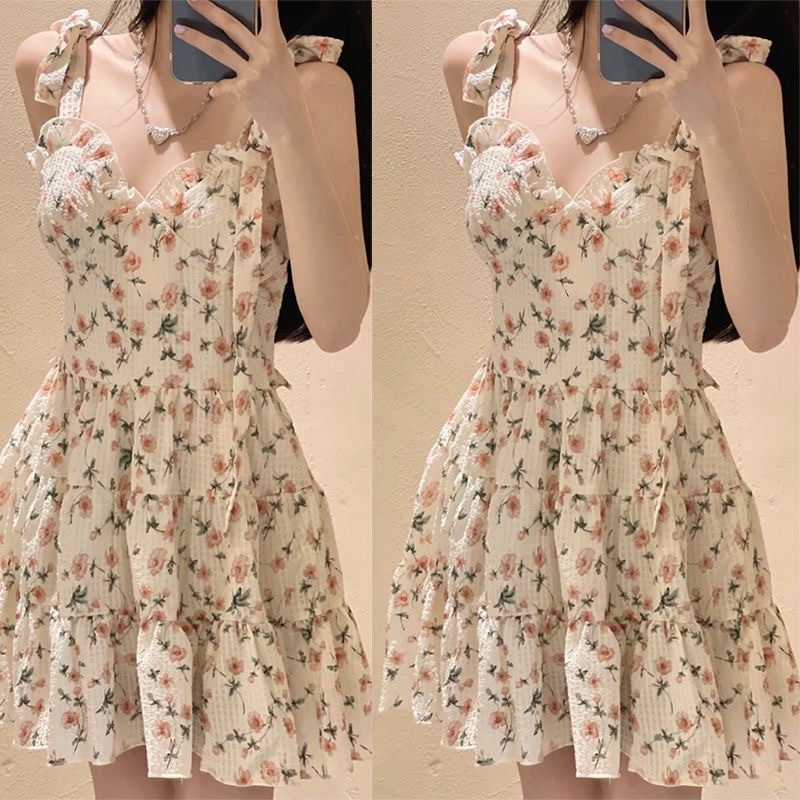 Váy hai dây hoa nhí tiểu thư vintage buộc nơ