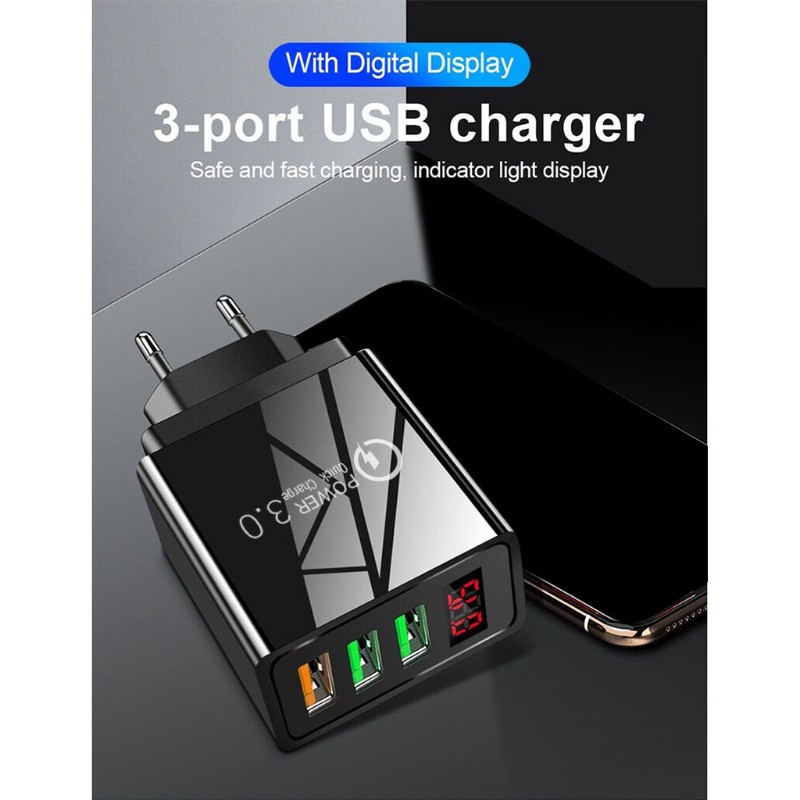 Cốc Sạc Nhanh 3 Cổng Usb 3.0 Có Màn Hình Hiển Thị Led