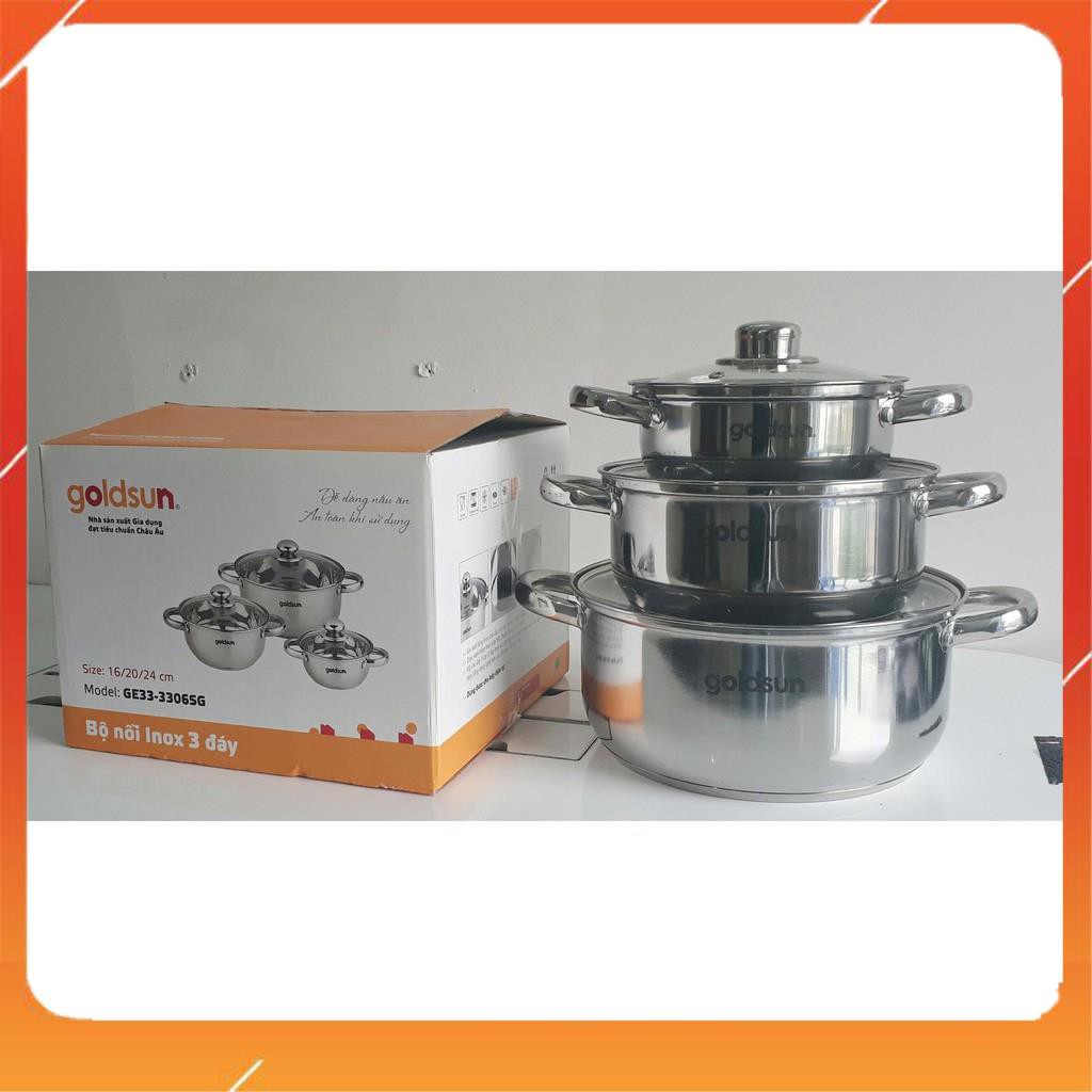 Bộ 3 nồi Inox Goldsun 3 đáy nắp kính GE33-3306SG