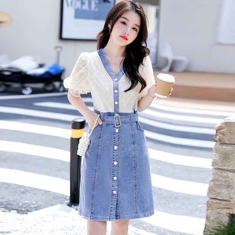 Đầm Denim Phối Ren Cổ Chữ v Thời Trang Hàn Quốc 2022