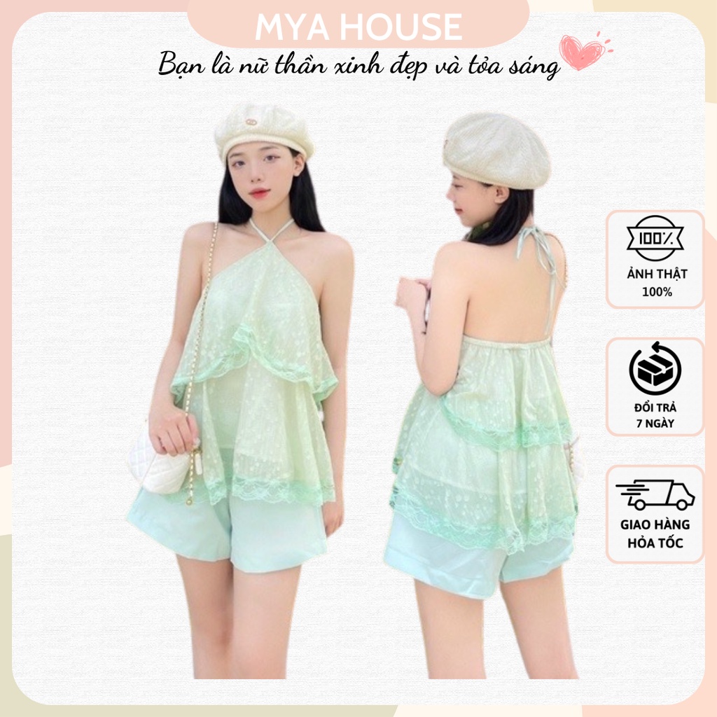 SET ÁO VOAN XANH CỔ YẾM TẦNG SHORT