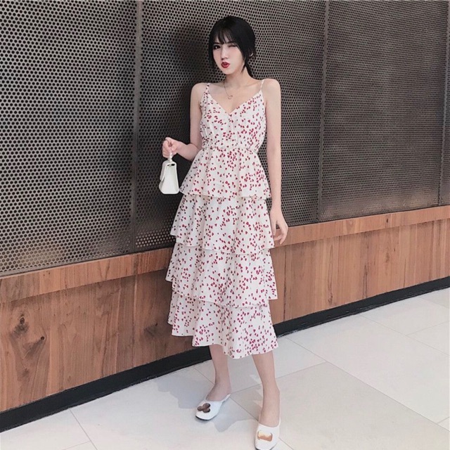 Đầm maxi đi biển 4 tầng hoạ tiết tim đỏ (kèm hình thật)