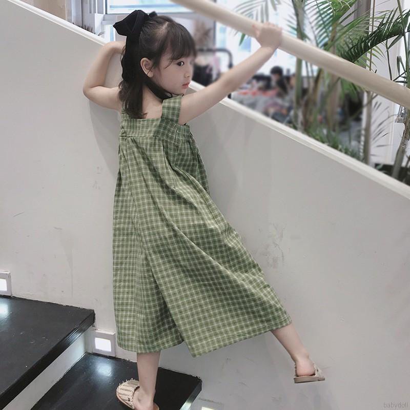 Đầm Yếm Hai Dây Dáng Rộng Họa Tiết Sọc Caro Phong Cách Hàn Quốc Cho Bé Gái 3-4 Tuổi
