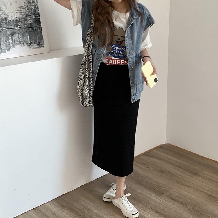 Chân váy Midi dài Xẻ sau Lưng cao Màu trơn Ulzzang Kiểu dáng Hàn Quốc Chân váy Midi dài Cạp cao Thời trang | BigBuy360 - bigbuy360.vn