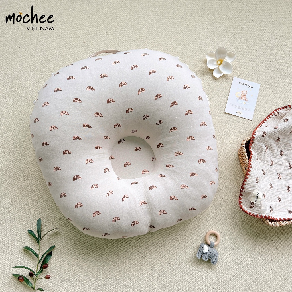 Gối chống trào ngược cho bé Mochee 70x70cm, gối chống trào vải xô họa tiết  - Monnie Kids