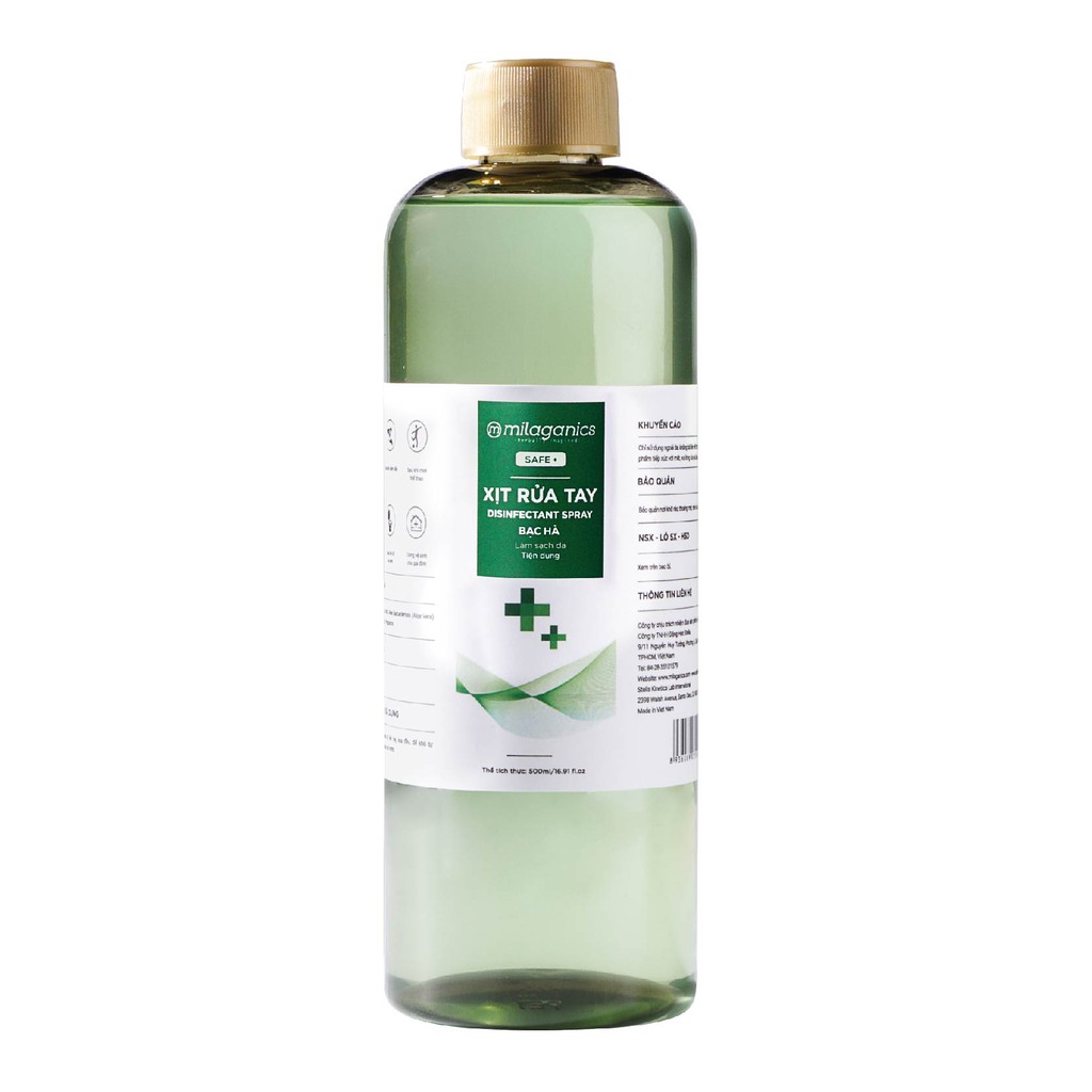 Xịt Rửa Tay Bạc Hà Làm Sạch Da, Dưỡng Ẩm Không Gây Khô Da MILAGANICS 500ml (Chai)