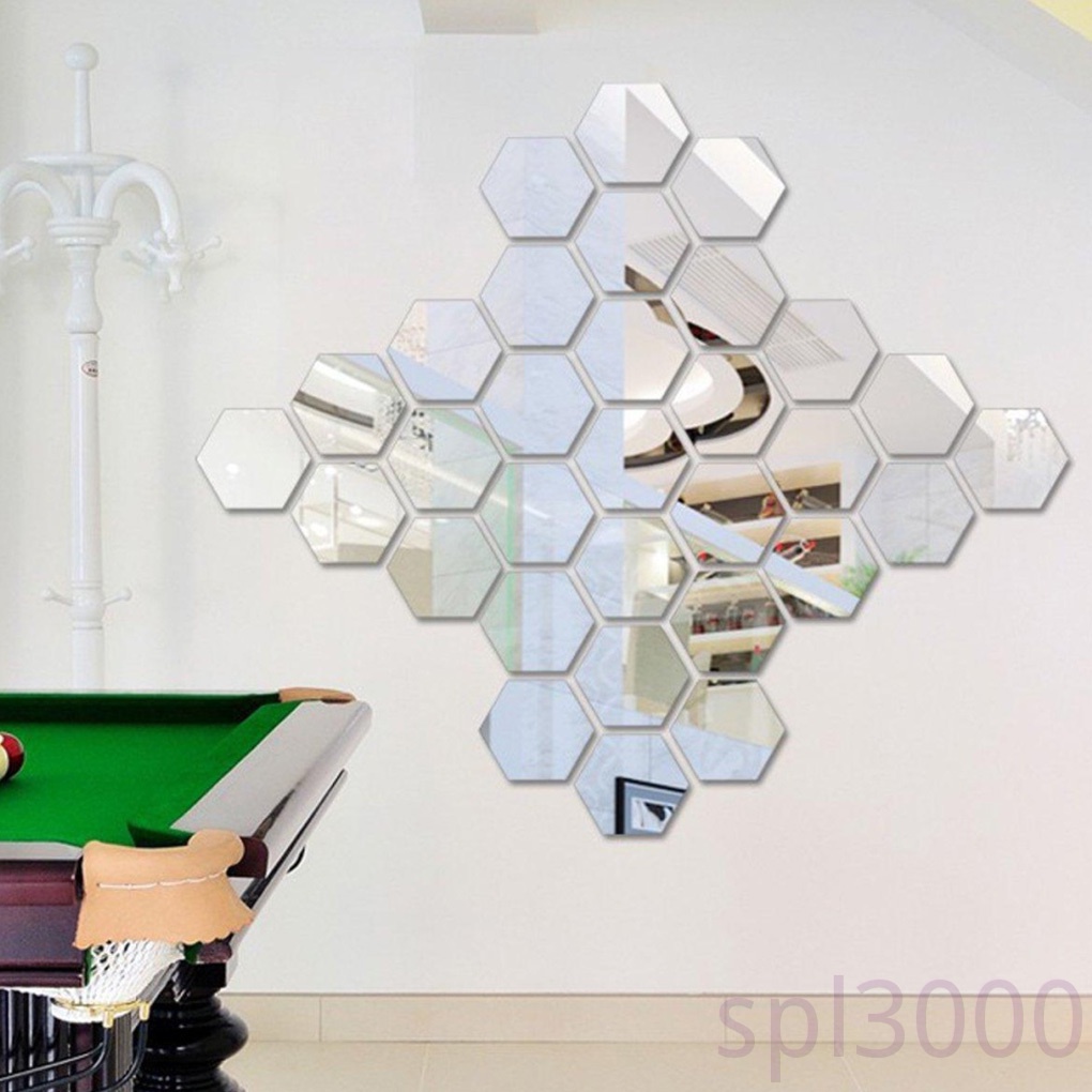 Bộ 12 miếng dán tráng gương hình lục giác bằng acrylic trang trí phòng khách/phòng ngủ/phông nền sau TV
