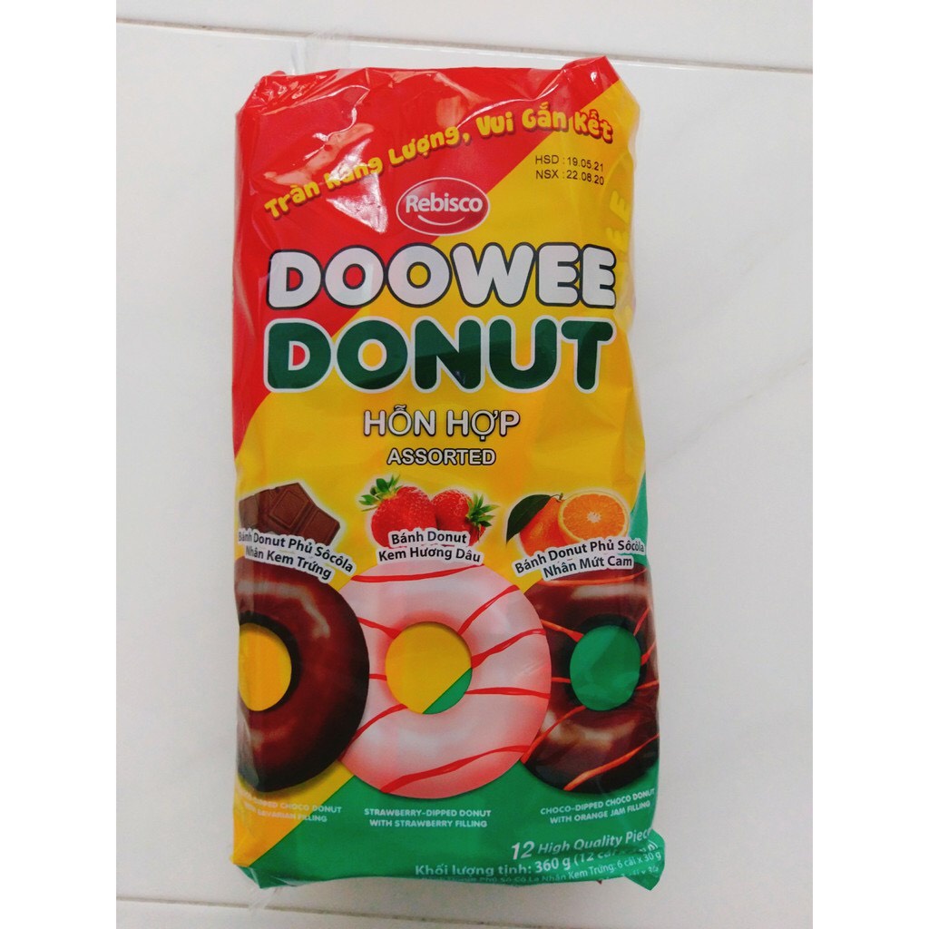 Bịch 12 bánh Donut Doowe 360gr vị dâu, socola, sữa, phô mai, hỗn hợp, socola cam