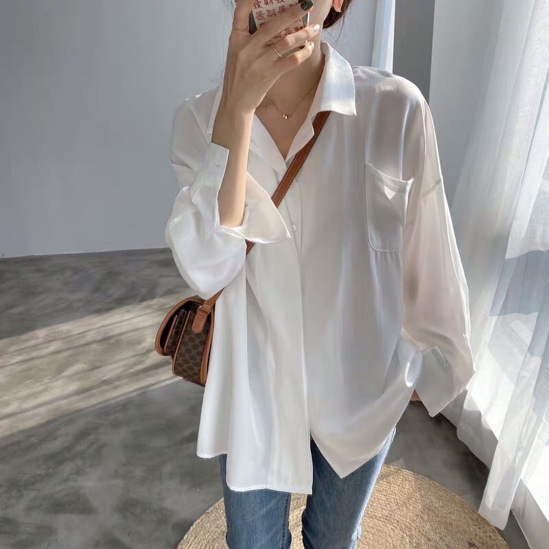 Áo sơ mi kiểu trắng nữ form rộng lụa tay phồng hàn quốc đẹp dài tay trơn cổ bẻ ulzzang vintage truehastore SM31