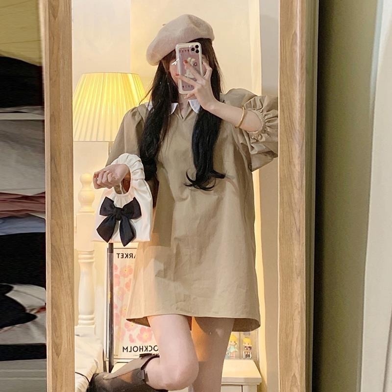 Đầm kaki dáng rộng cổ búp bê phong cách Retro Pháp