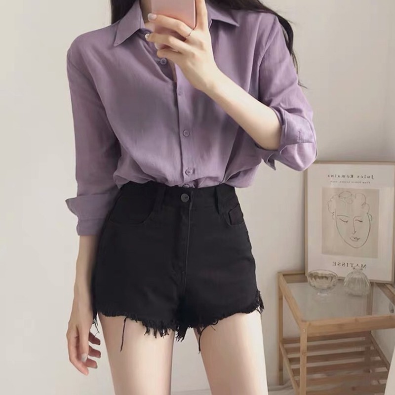 Áo chiffon tay dài màu tím thiết kế thanh lịch thời trang cho nữ