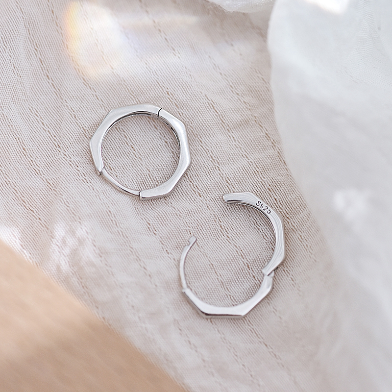 Korean Ladies Silver Earrings / Women Geometric Octagonal Hoop Earrings / Simple Ear Buckle / Students Stud Earrings