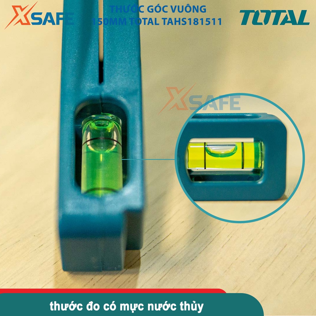 Thước góc vuông 150mm TOTAL TAHS181511, có mực nước thủy, chiều rộng lưỡi thước 28mm, đánh dấu góc chính xác