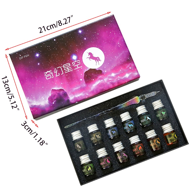 Bút Chấm Mực Thủy Tinh Kèm 12 Mực Màu Dành Cho Người Mới Bắt Đầu