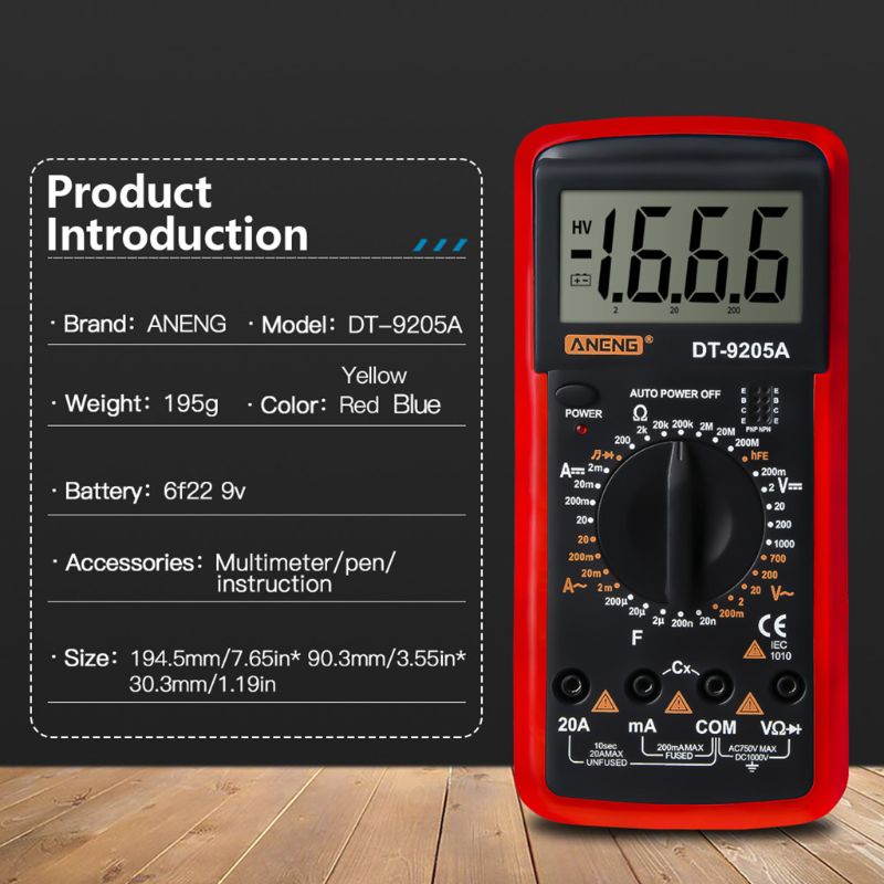 Đồng hồ vạn năng kỹ thuật số Dt9205A Hfe Ac Dc màn hình Lcd thiết kế chuyên dụng