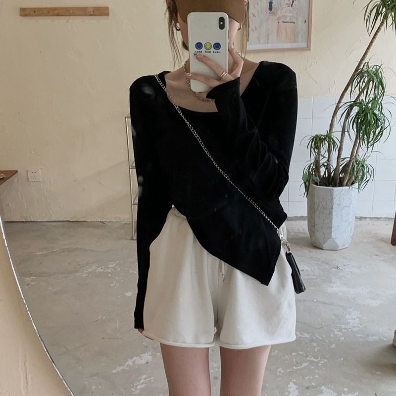 Áo Thun Dài Tay Cổ Tròn Dáng Rộng Thiết Kế Không Đồng Đều Thời Trang Theo Phong Cách Hàn Quốc Cho Nữ