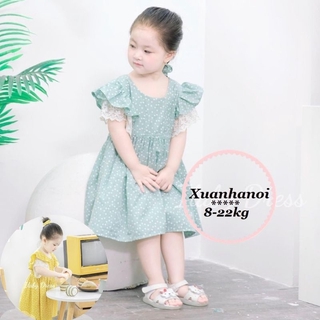 Váy bé gái vải đũi họa tiết trái tim nhỏ 2 mầu Xanh và vàng XHN481