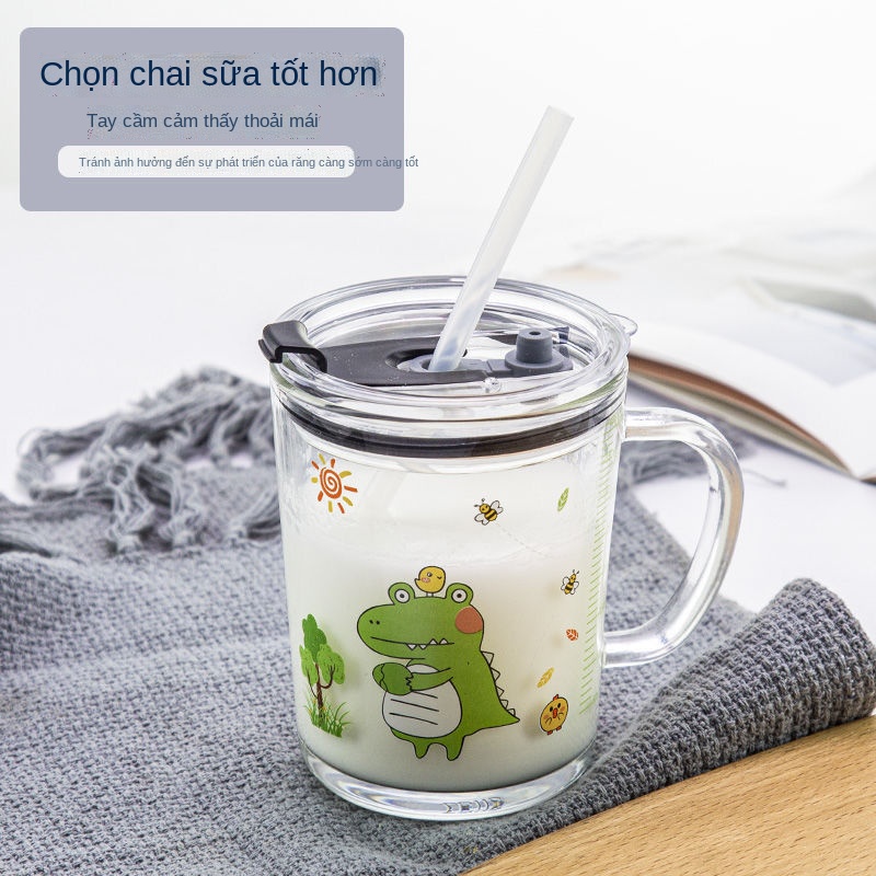 ◎℗∋Trẻ em cốc sữa cốc nước cốc thủy tinh gia dụng trong suốt cốc ăn sáng tốt nghiệp cốc ống hút Phiên bản Hàn Quốc dễ th