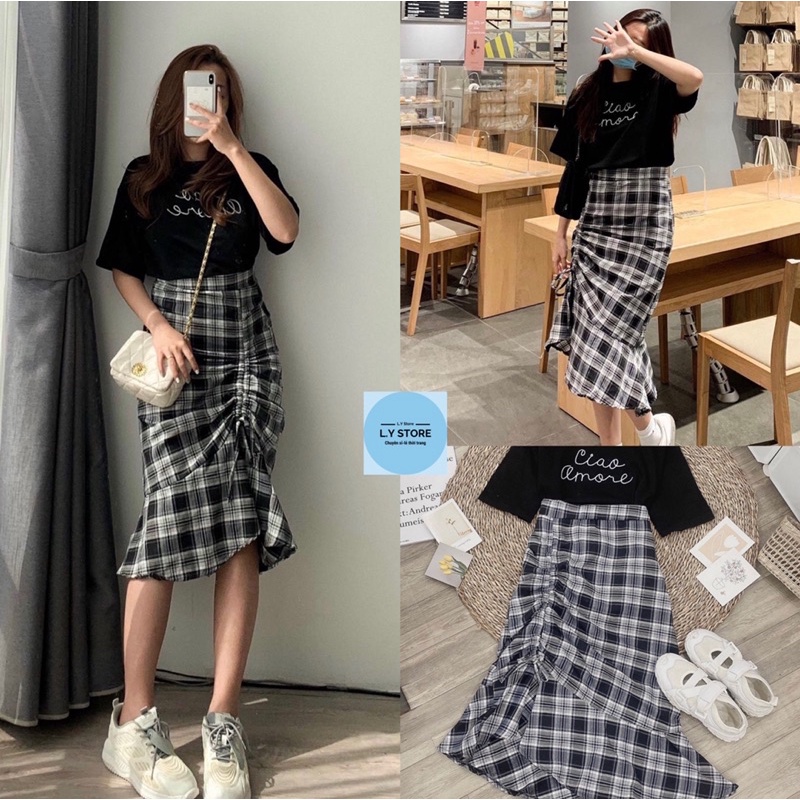 🌸 Bộ áo thun form rộng tay lỡ kèm đầm mini đuôi cá dúm vạt lệch Ulzzang🌸