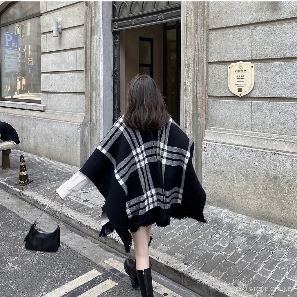 Xgja ❤Ence★Áo choàng len hai mặt họa tiết sọc caro trắng đen phong cách Retro Anh quốc | BigBuy360 - bigbuy360.vn