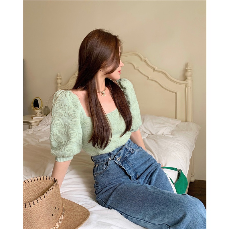 QADCOL  Áo Croptop Dệt Kim Tay Ngắn Phồng Thiết Kế Dễ Thương