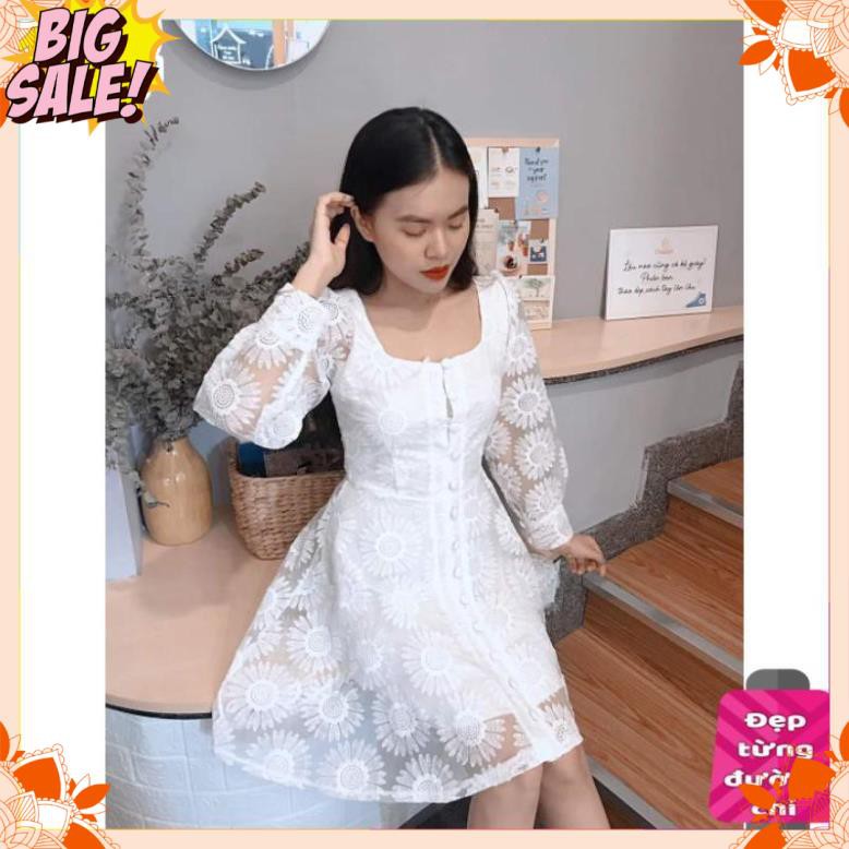 [HÀNG CAO CẤP] Đầm nữ ren hoa cúc tay dài bồng phối nút bọc sang chảnh [KÈM ẢNH THẬT] | BigBuy360 - bigbuy360.vn