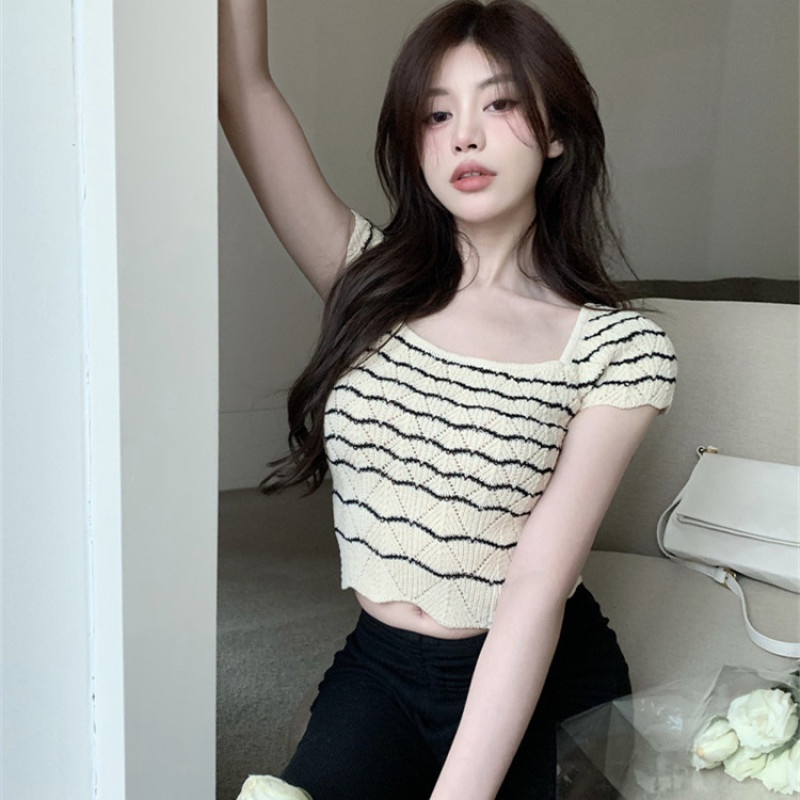 Áo Dệt Kim Ngắn Tay Cổ Vuông Họa Tiết Kẻ Sọc Thời Trang Cho Nữ