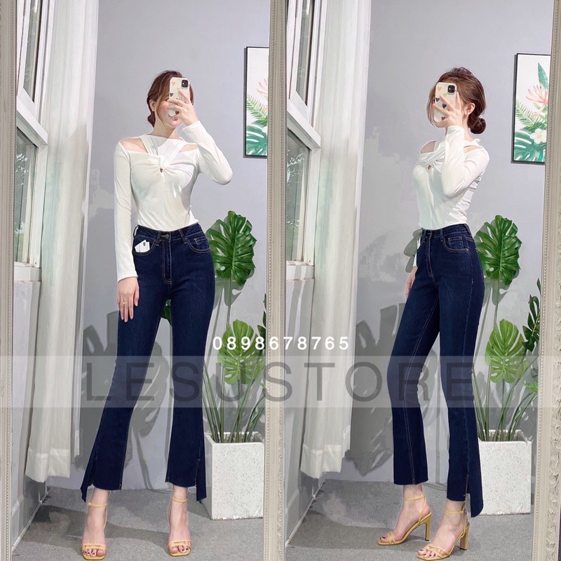 ẢNH TỰ CHỤP Quần Jeans loe trơn lai xéo cắt