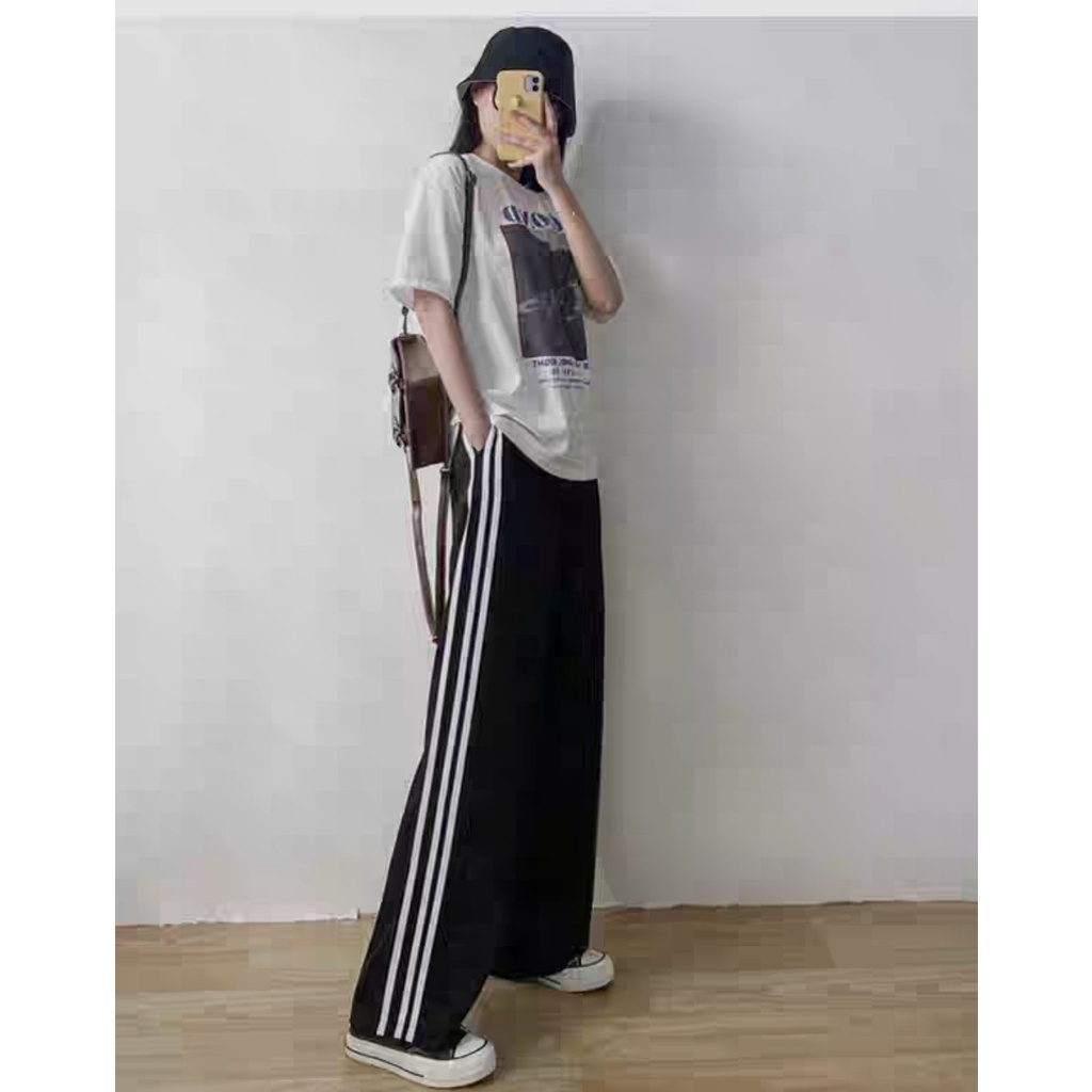 Quần ống rộng thể thao nữ 3 sọc cạp chun thun dây rút gấu màu đen đi học sinh Quần jogger nữ bo gấu dài vải UMÌ hàn dày