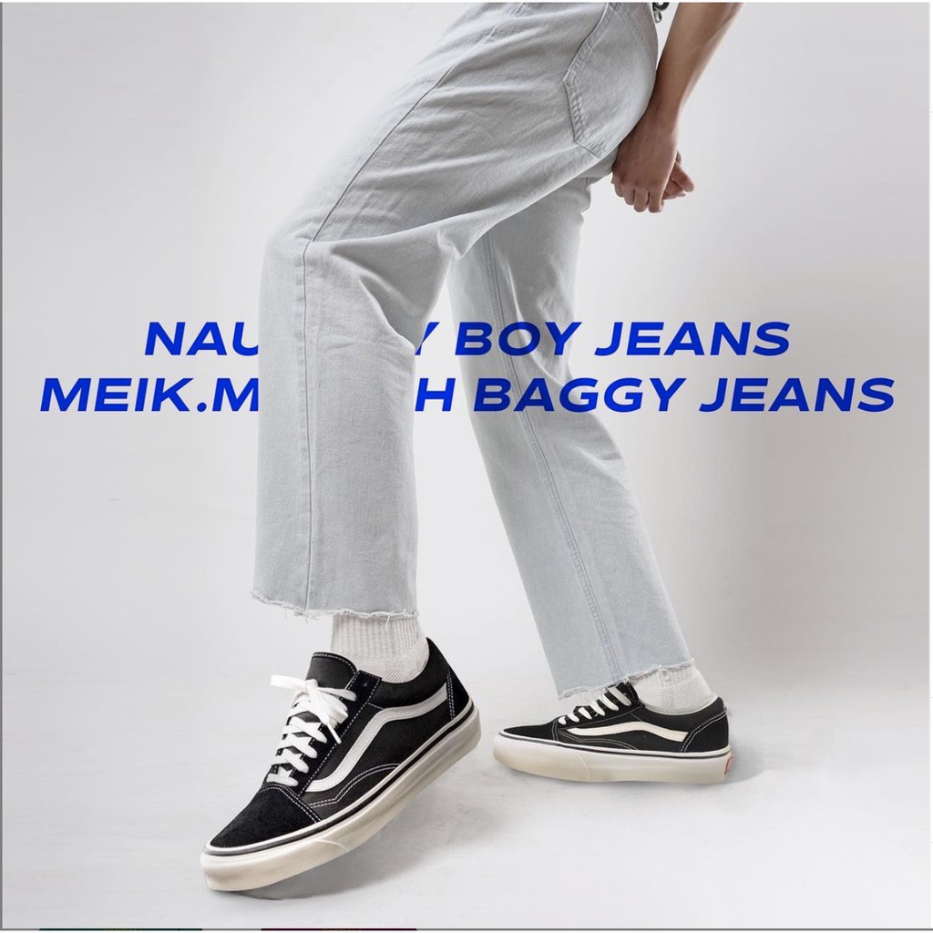 KIẾM LÀ MỐT NAUGHTY - quần jeans nam dài ống rộng màu xanh wash trắng