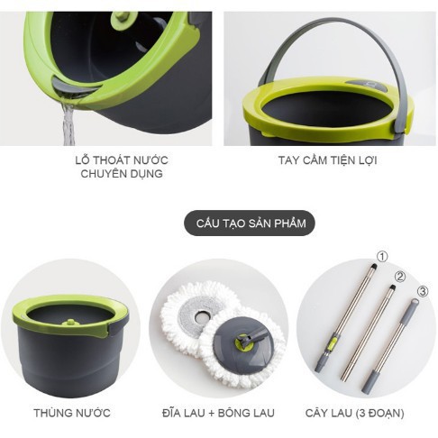 Bộ cây lau nhà xoay tay mini ettom lock&lock hàng nhật  kèm 2 bông lau cao cấp xoay 360 độ