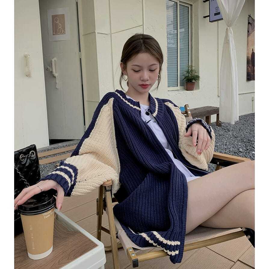 Áo Khoác Sweater Mỏng Tay Dài Màu Sắc Tương Phản Phong Cách Retro Nhật Bản Dành Cho Nữ