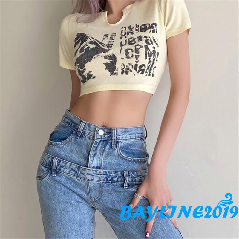 Áo thun croptop dáng ôm ngắn tay cổ khoét in hình thời trang cho nữ