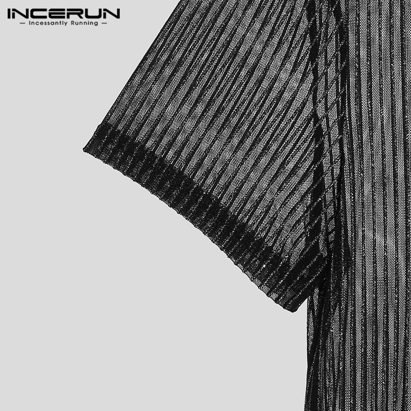 INCERUN Áo Thun Nam Ngắn Tay Họa Tiết Sọc Ngang