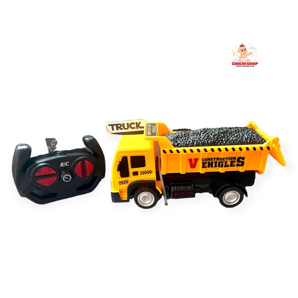 Đồ Chơi Xe Công Trình Điều Khiển Từ Xa Cho Bé, Mô Hình Xe Ben Chở Cát Có Đèn Led & Âm Thanh Mô Phỏng Chuyển Động