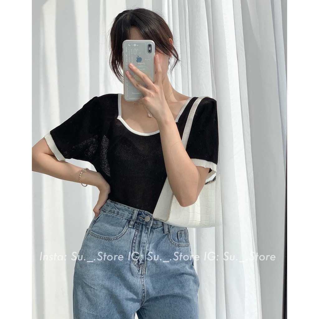 Áo len mongtoghi cộc tay cổ vuông pha viền A2385 SUSTORE