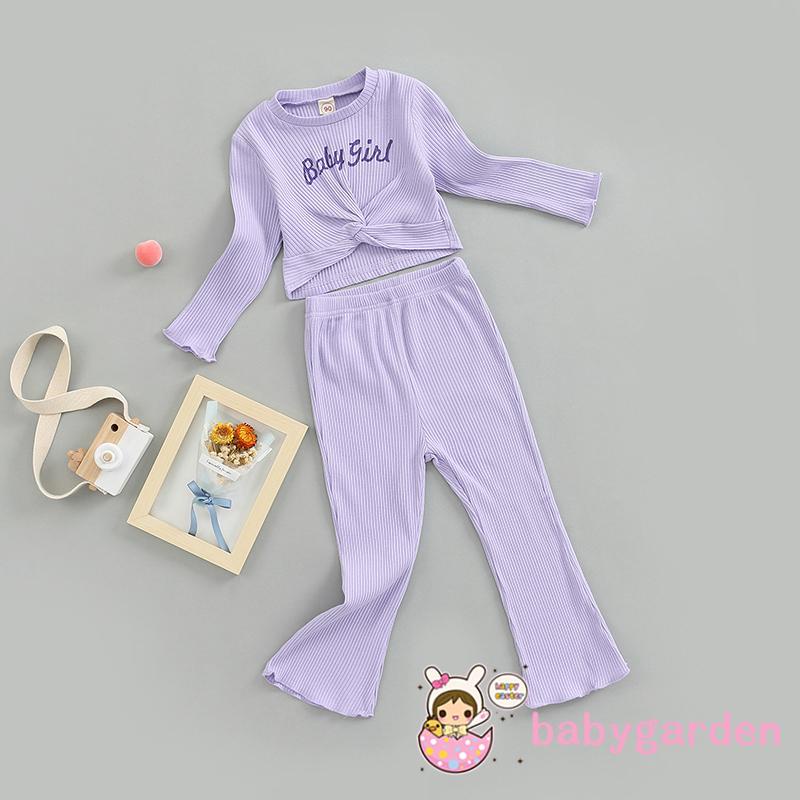 Set Đồ 2 Món Gồm Áo Cổ Thuyền Tay Dài Gân In Chữ + Quần Dài Eo Cao Xếp Ly Cho Bé Gái 2-7 Tuổi