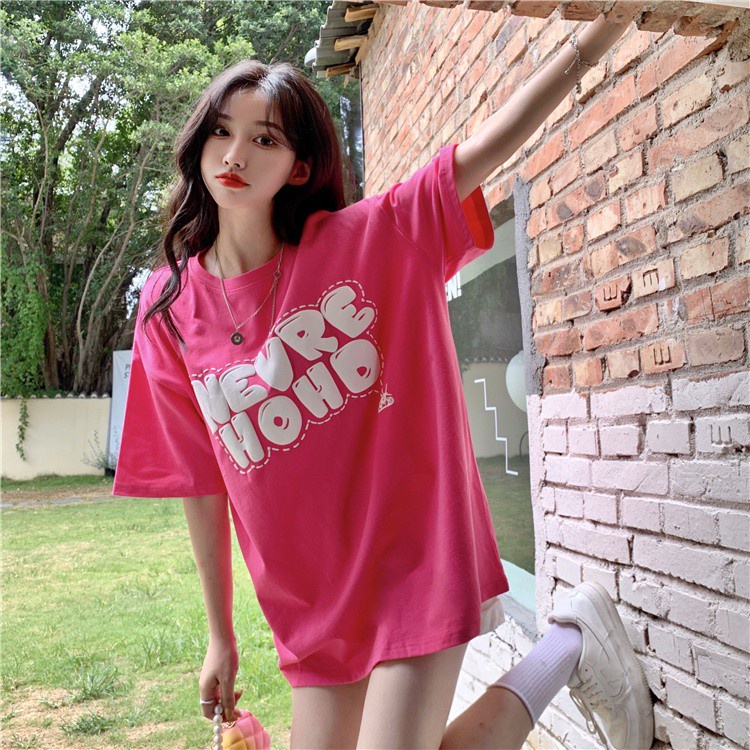 Áo thun tay ngắn cổ tròn dáng rộng in chữ thời trang mùa hè Hàn Quốc cho nữ