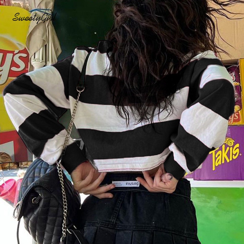 Áo Thun Polo Tay Dài Cổ Bẻ In Họa Tiết Sọc Trắng Đen Thời Trang 2022 Cho Nữ