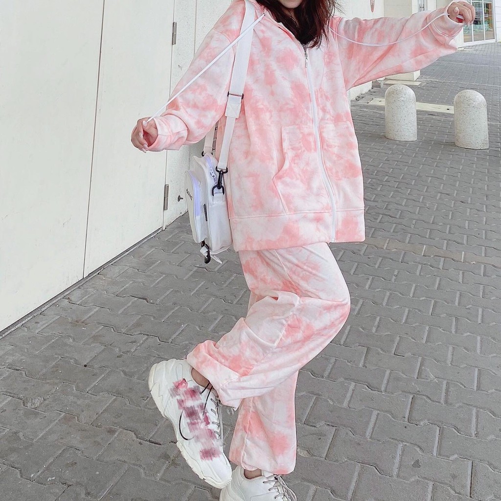 Set Bộ 3D Áo Khoác Hoodie Zip Loang Màu Kèm Quần Jogger Thun Dài Dây Rút Cao Cấp