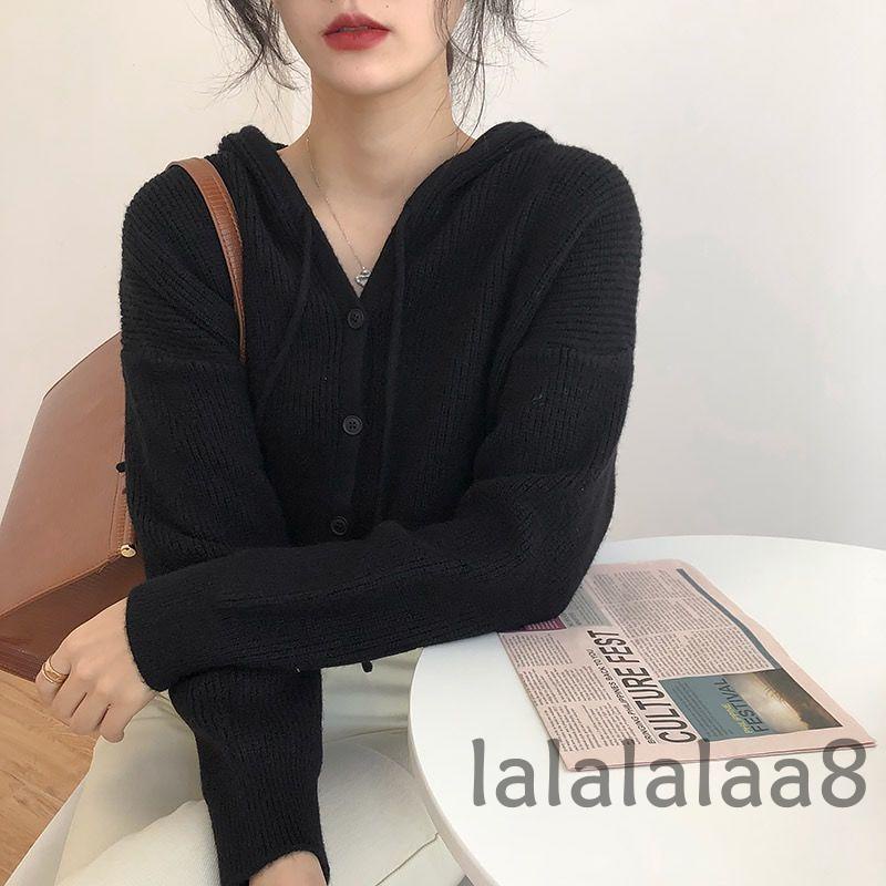 Áo khoác cardigan dệt kim có mũ trùm đầu dây rút tay dài màu trơn thời trang dành cho nữ