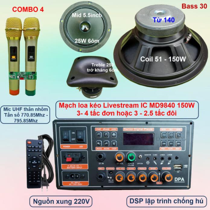Mạch loa kéo 3 tấc đơn 3 đường tiếng LIVESTREAM DSP lập trình chống hú IC MD9840 150W có nguồn xung