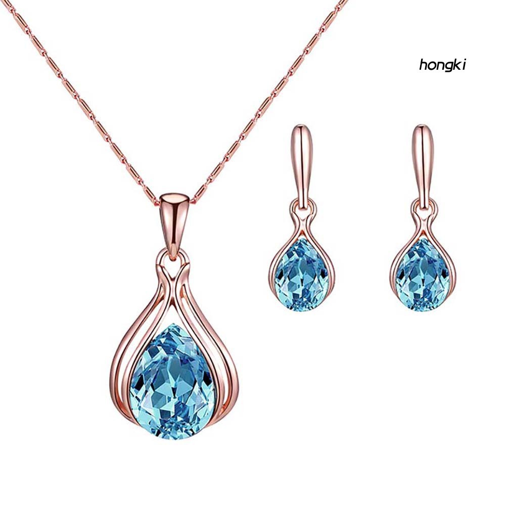 Bộ vòng cổ + bông tai hình giọt nước đính đá zircon cho nữ
