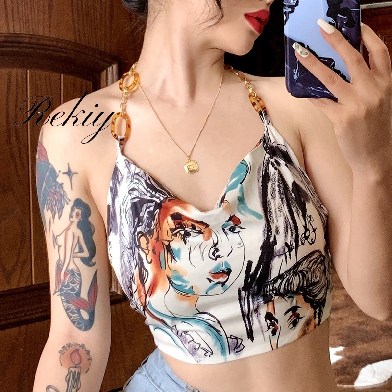 Áo Tank Top Phối Dây In Họa Tiết 2022 Thời Trang Cho Nữ