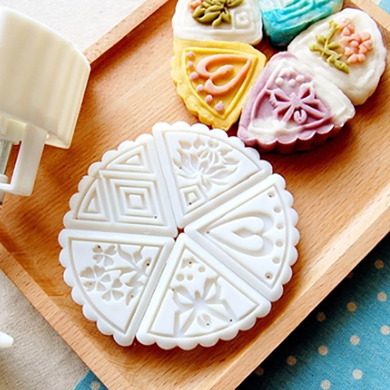 Set 6 khuôn làm bánh trung thu nhấn bông hoa hình quạt độc đáo diy
