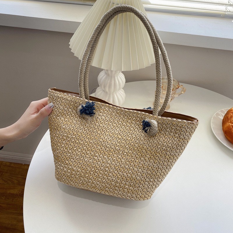 Túi Xách Nữ Túi Cói Đi Đeo Vai Trơn , Viền Hoa Phù Hợp Đi Biển Phong Cách Trẻ Trung
